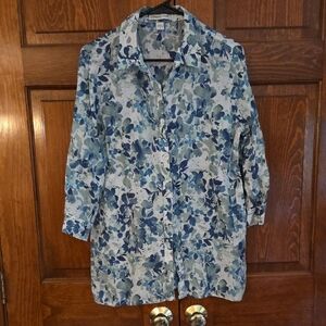 Coldwater Creek Blue and Green Floral Linen Shirt